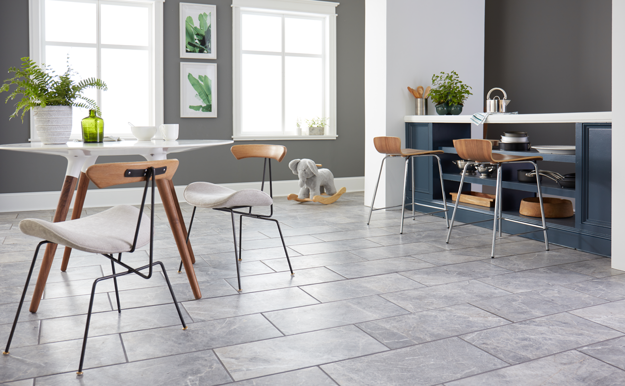 tile flooring in dining and kitchen area